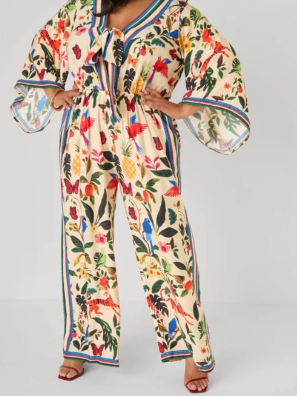 Ashley Stewart Cream Tropical Floral & Parrot Wide-Leg Jumpsuit
